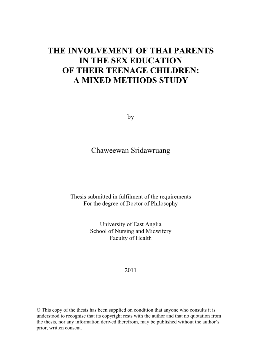 The Involvement of Thai Parents in the Sex Education of Their Teenage Children: a Mixed Methods Study