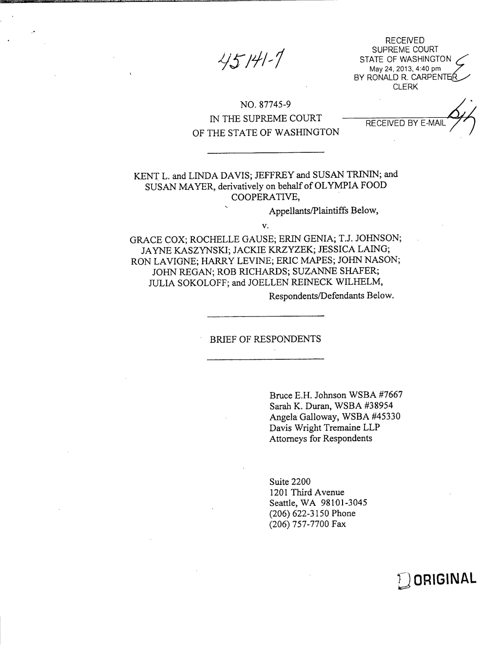 SUSAN MAYER, Derivatively on Behalf of OLYMPIA FOOD COOPERATIVE, Appellants/ Plaintiffs Below