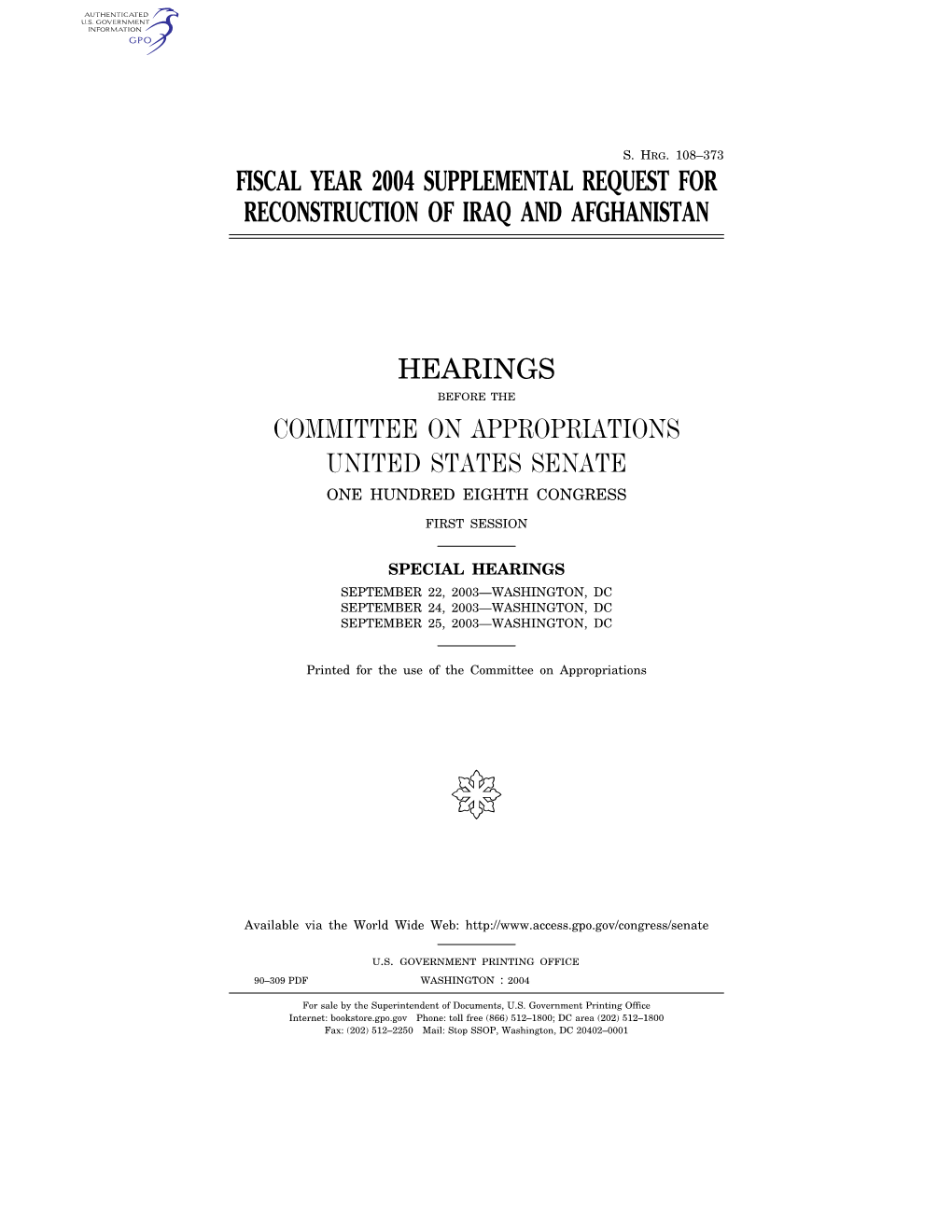 Fiscal Year 2004 Supplemental Request for Reconstruction of Iraq and Afghanistan