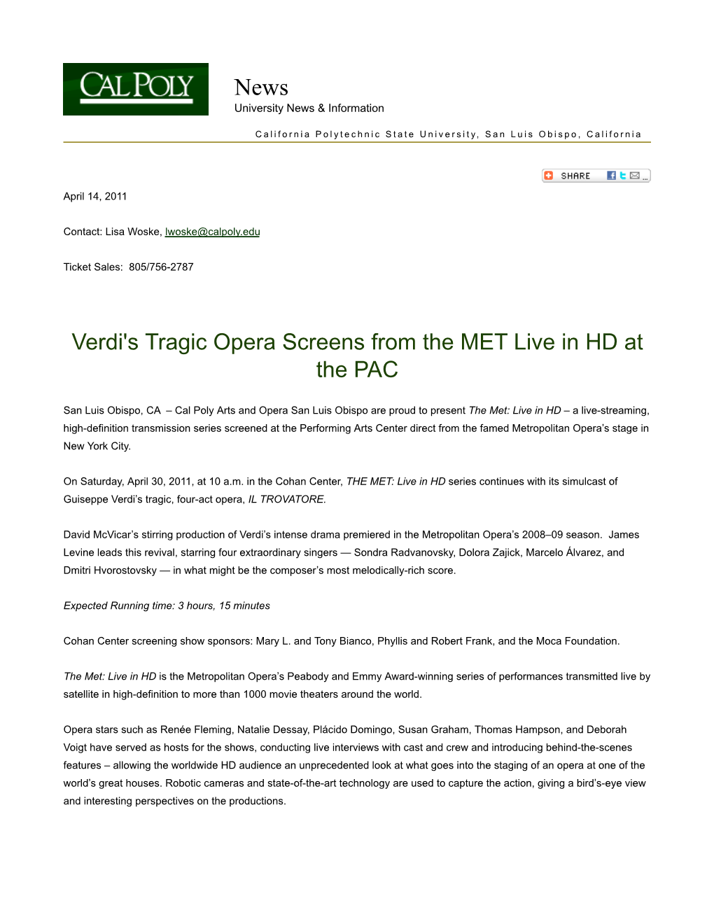 Verdi's Tragic Opera Screens from the MET Live in HD at the PAC
