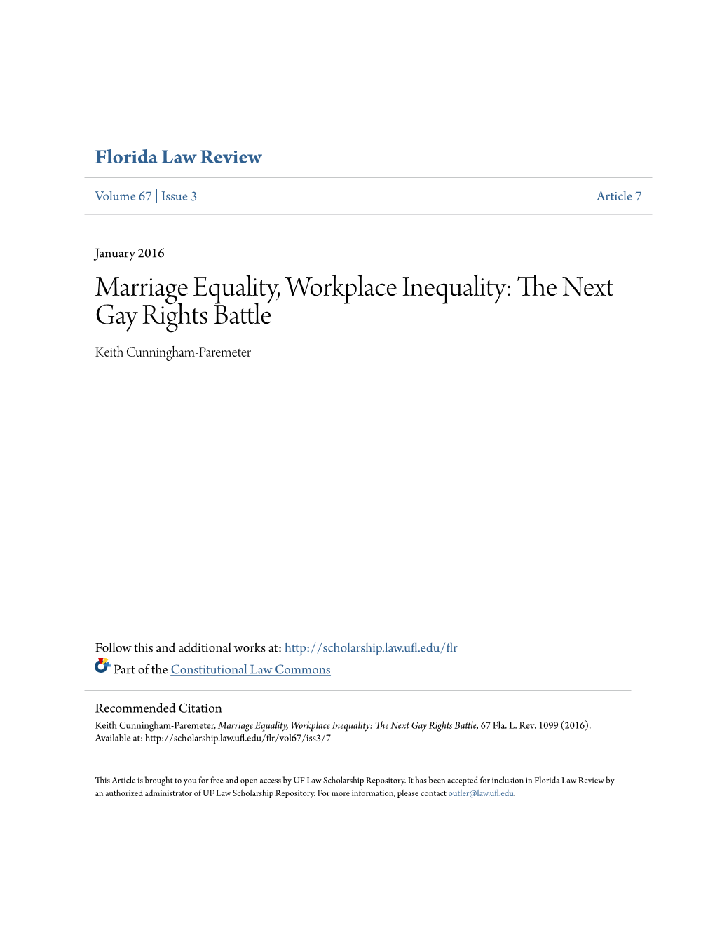 Marriage Equality, Workplace Inequality: the Next Gay Rights Battle, 67 Fla