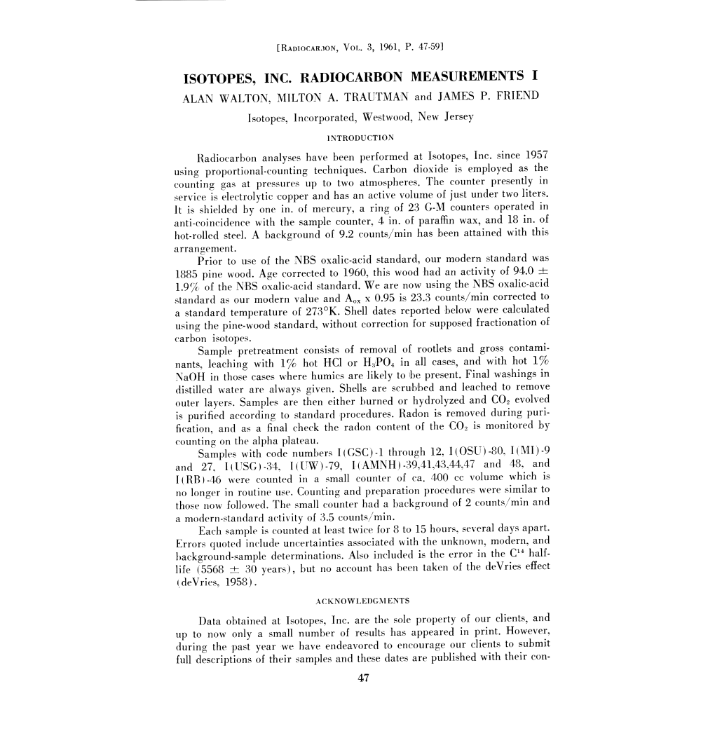 Isotopes, Inc. Radiocarbon Measurements I Alan Walton, Milton A