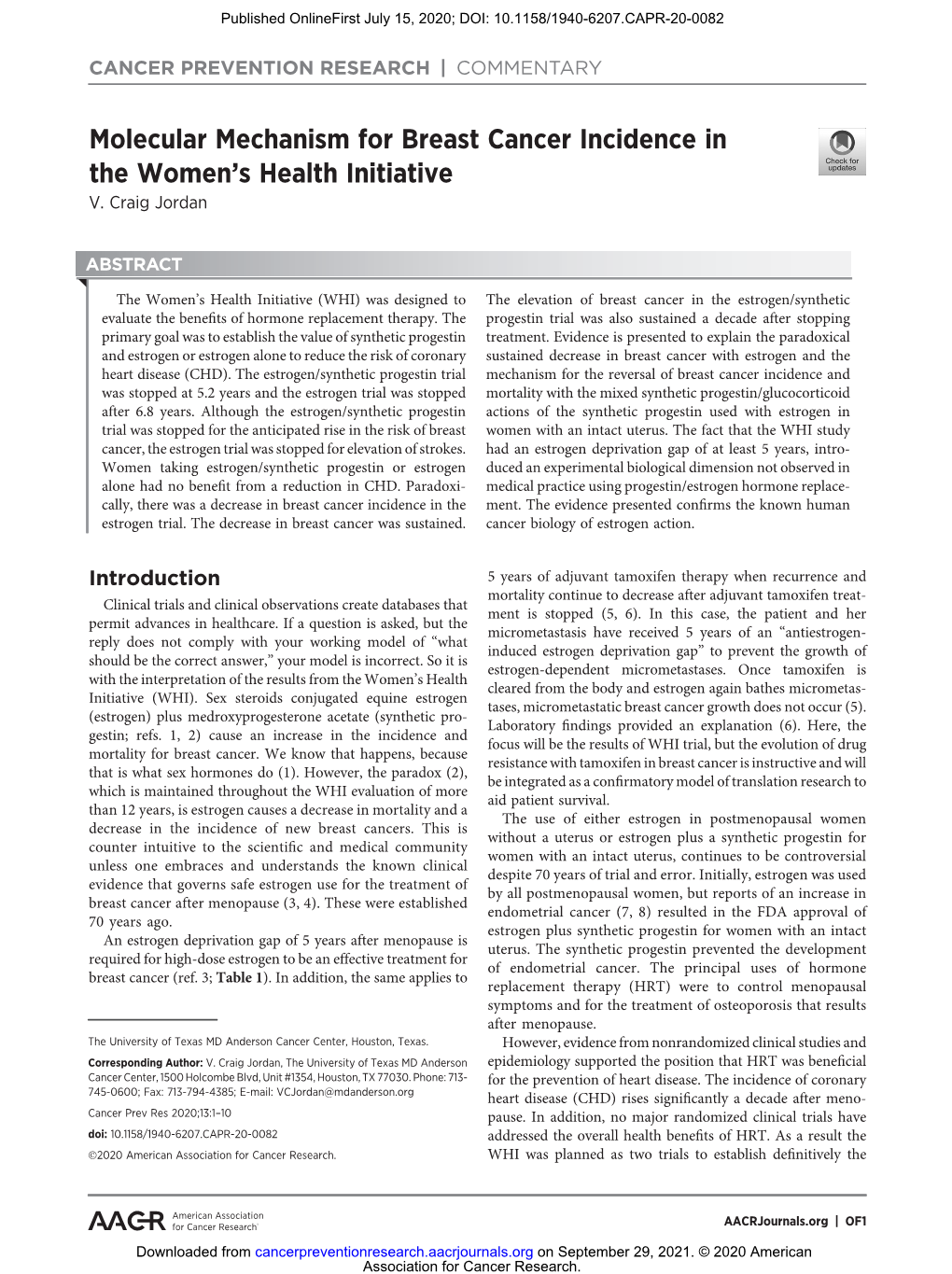 Molecular Mechanism for Breast Cancer Incidence in the Women's Health Initiative