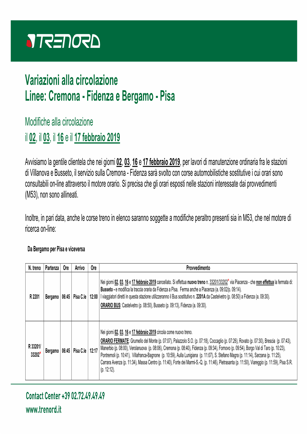 Variazioni Alla Circolazione Linee: Cremona - Fidenza E Bergamo - Pisa