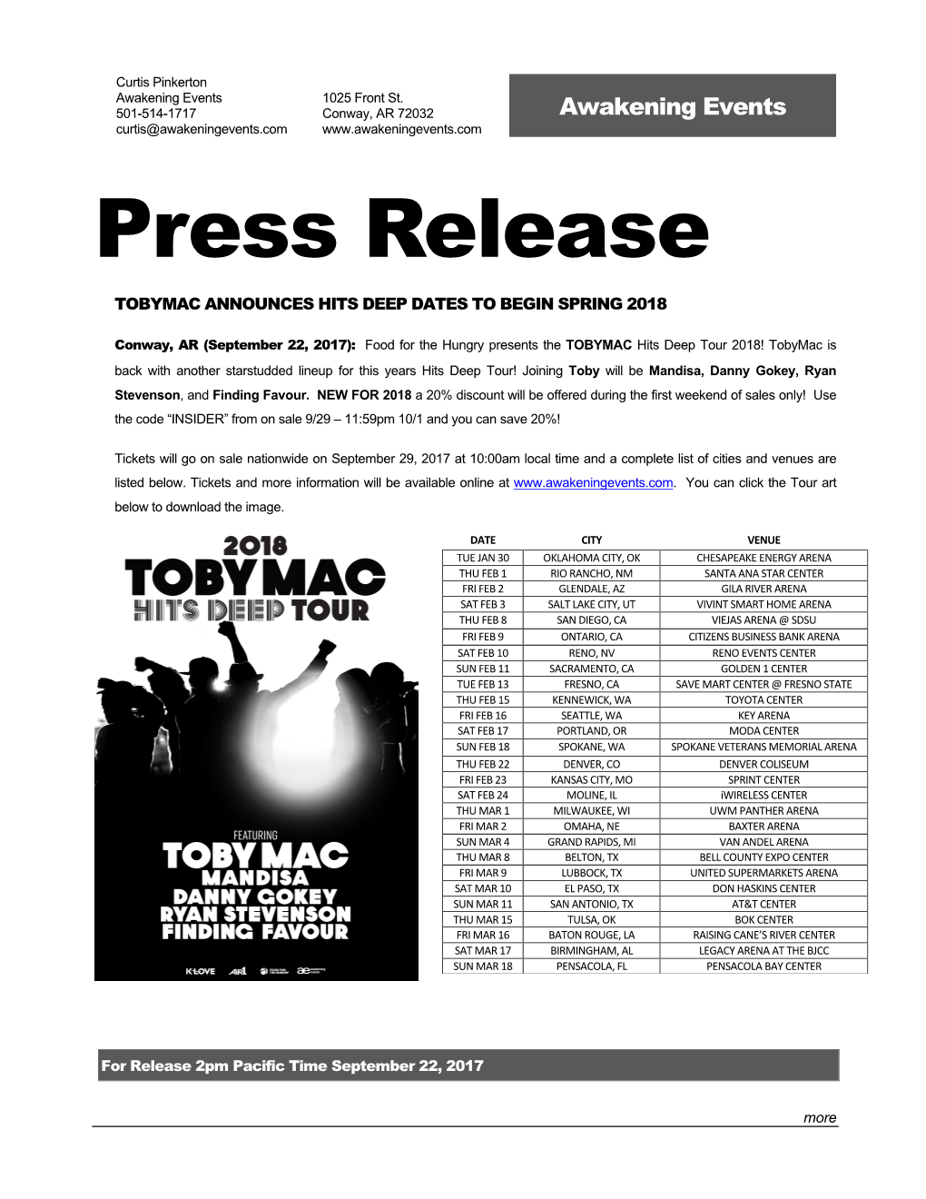 Press Release TOBYMAC ANNOUNCES HITS DEEP DATES to BEGIN SPRING 2018