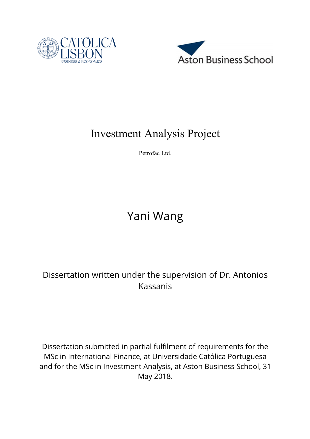Investment Analysis Project Yani Wang