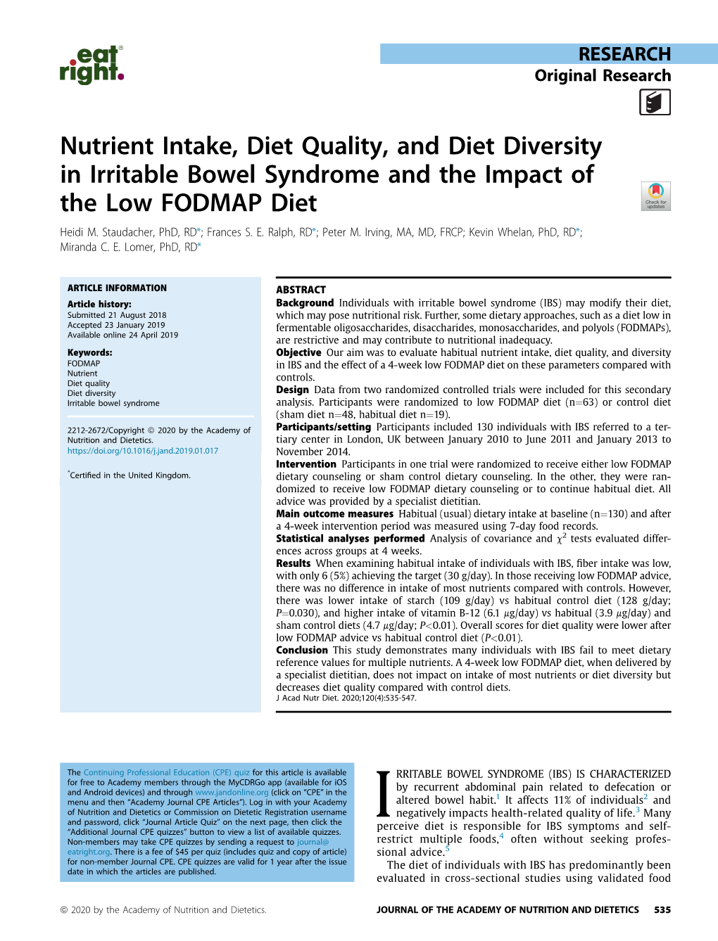 Nutrient Intake, Diet Quality, and Diet Diversity in Irritable Bowel Syndrome and the Impact of the Low FODMAP Diet Heidi M