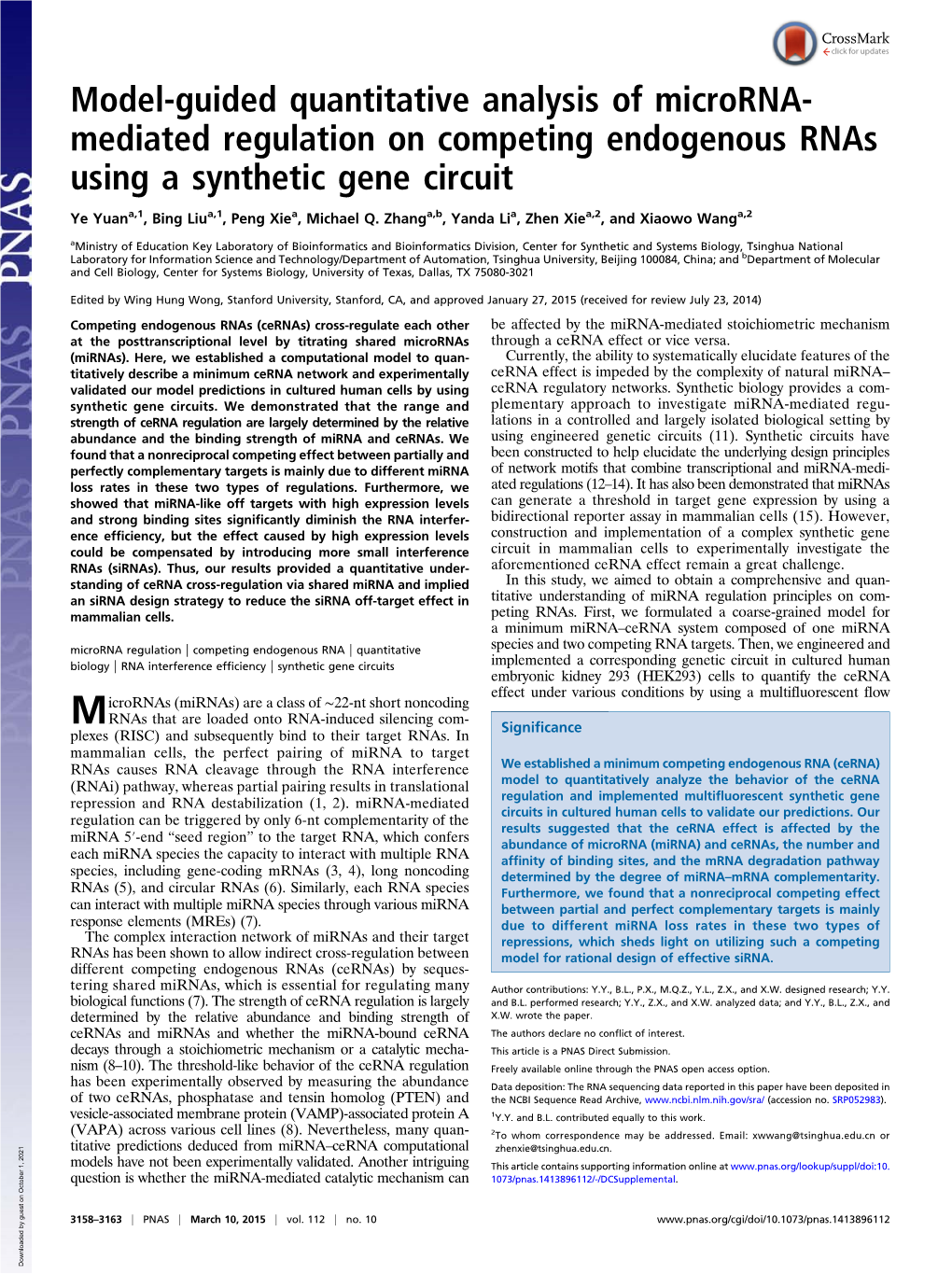 Model-Guided Quantitative Analysis of Microrna- Mediated Regulation on Competing Endogenous Rnas Using a Synthetic Gene Circuit