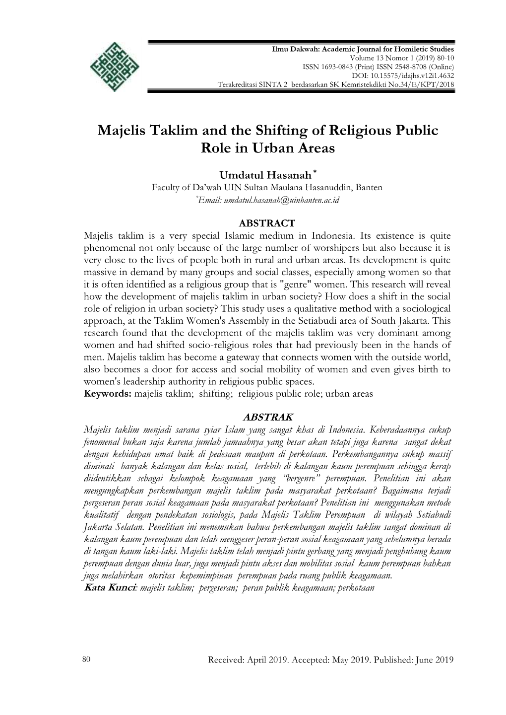 Majelis Taklim and the Shifting of Religious Public Role in Urban Areas