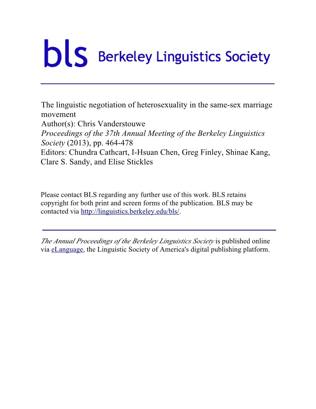 Chris Vanderstouwe Proceedings of the 37Th Annual Meeting of the Berkeley Linguistics Society (2013), Pp