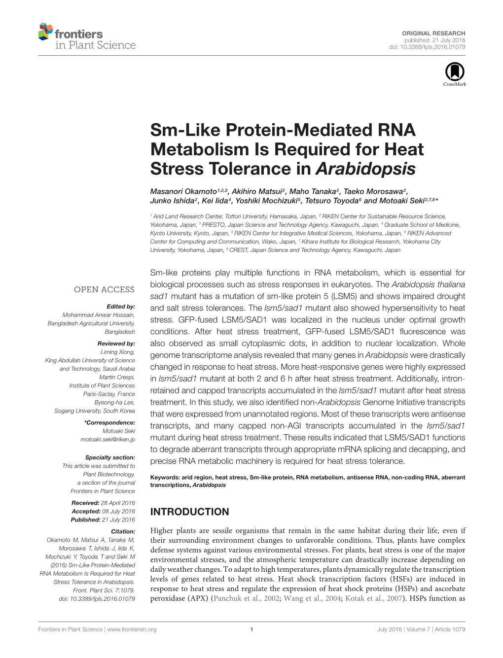 Sm-Like Protein-Mediated RNA Metabolism Is Required for Heat Stress Tolerance in Arabidopsis