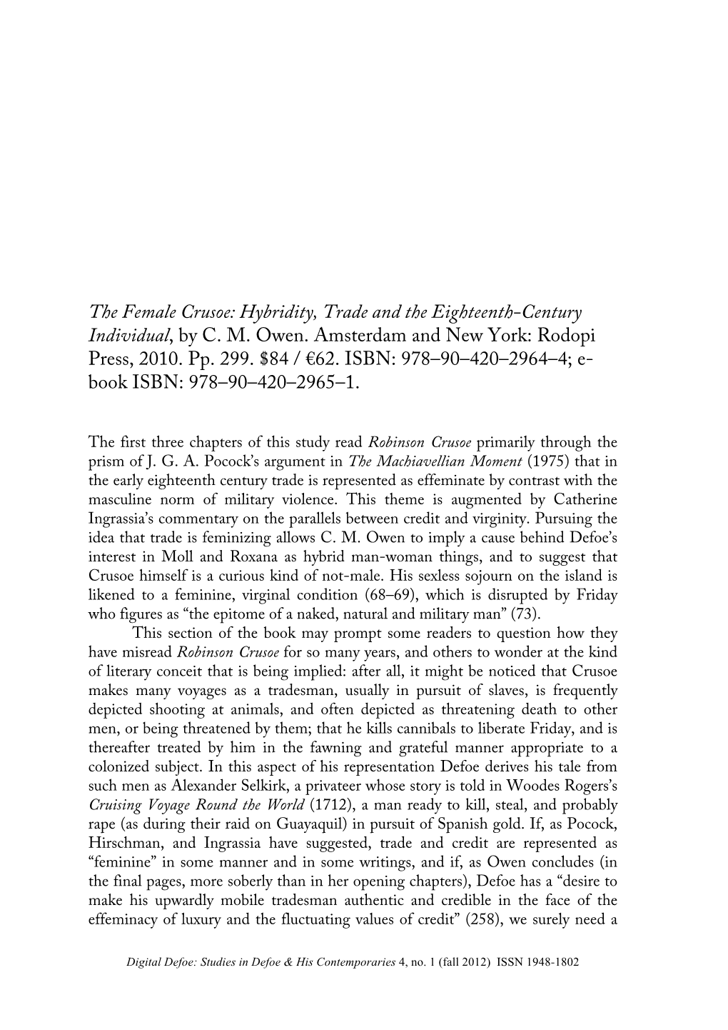 The Female Crusoe: Hybridity, Trade and the Eighteenth-Century Individual, by C