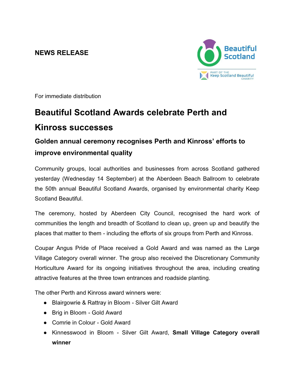 Beautiful Scotland Awards Celebrate Perth and Kinross Successes
