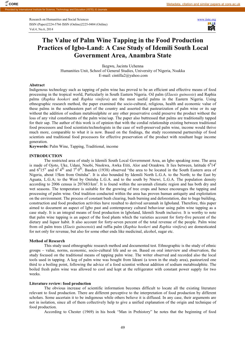 The Value of Palm Wine Tapping in the Food Production Practices of Igbo-Land: a Case Study of Idemili South Local Government Area, Anambra State