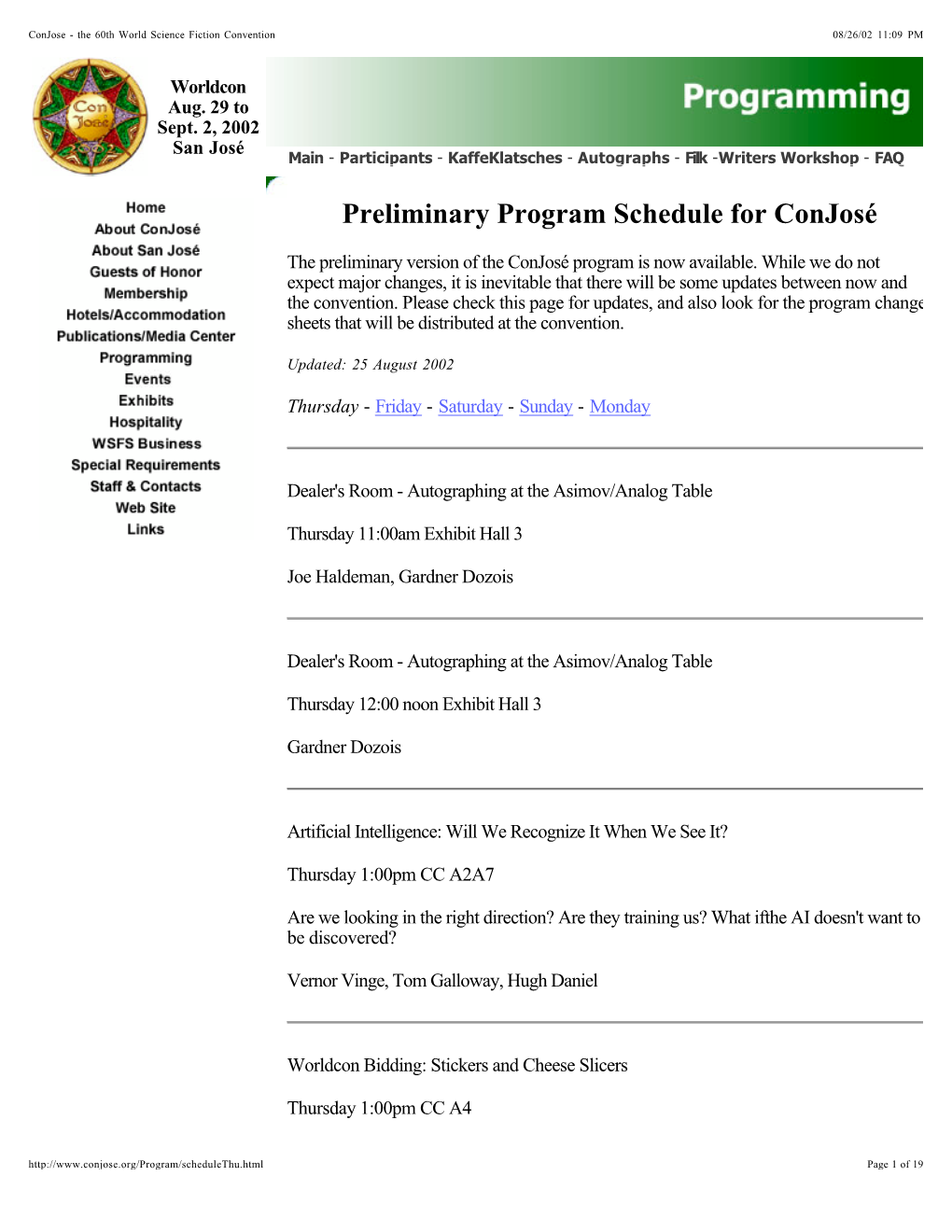 Preliminary Program Schedule for Conjosé