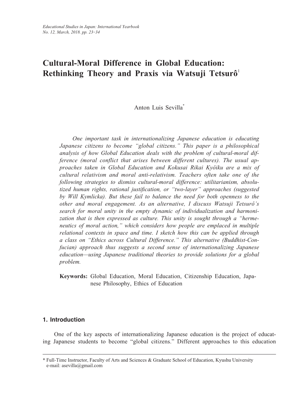 Cultural-Moral Difference in Global Education: Rethinking Theory and Praxis Via Watsuji Tetsurô1