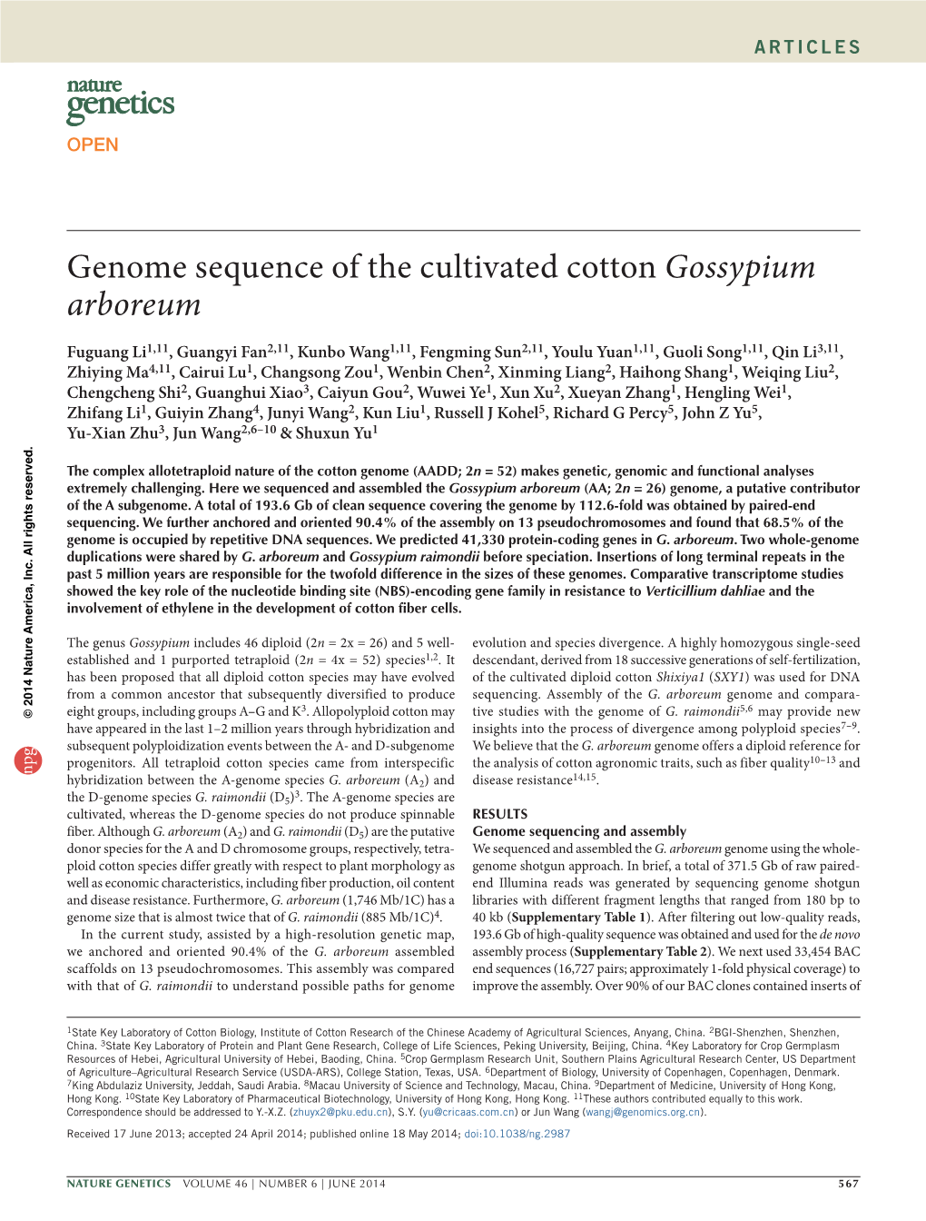 Genome Sequence of the Cultivated Cotton Gossypium Arboreum