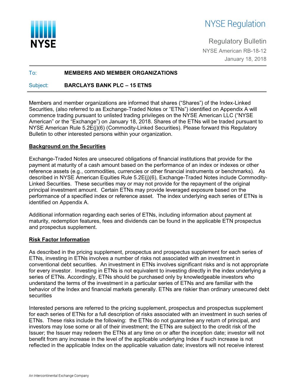 Regulatory Bulletin NYSE American RB-18-12