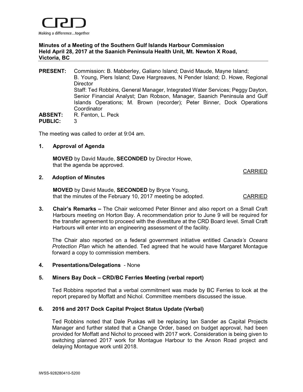 Minutes of a Meeting of the Southern Gulf Islands Harbour Commission Held April 28, 2017 at the Saanich Peninsula Health Unit, Mt