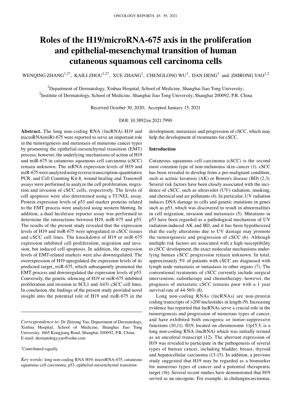 Roles of the H19/Microrna‑675 Axis in the Proliferation and Epithelial‑Mesenchymal Transition of Human Cutaneous Squamous Cell Carcinoma Cells