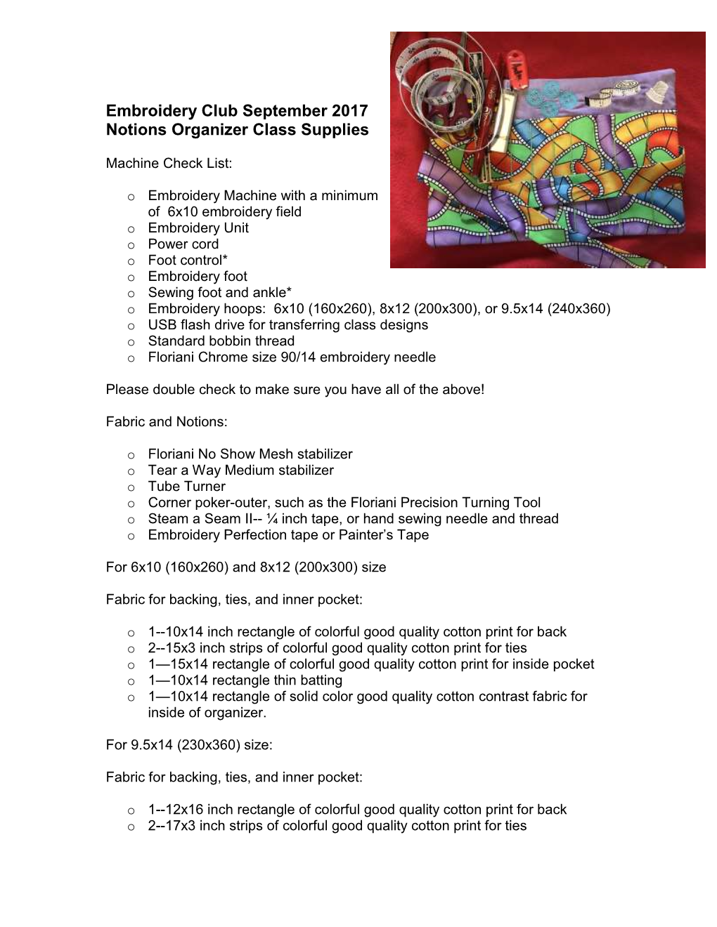 Embroidery Club September 2017 Notions Organizer Class Supplies