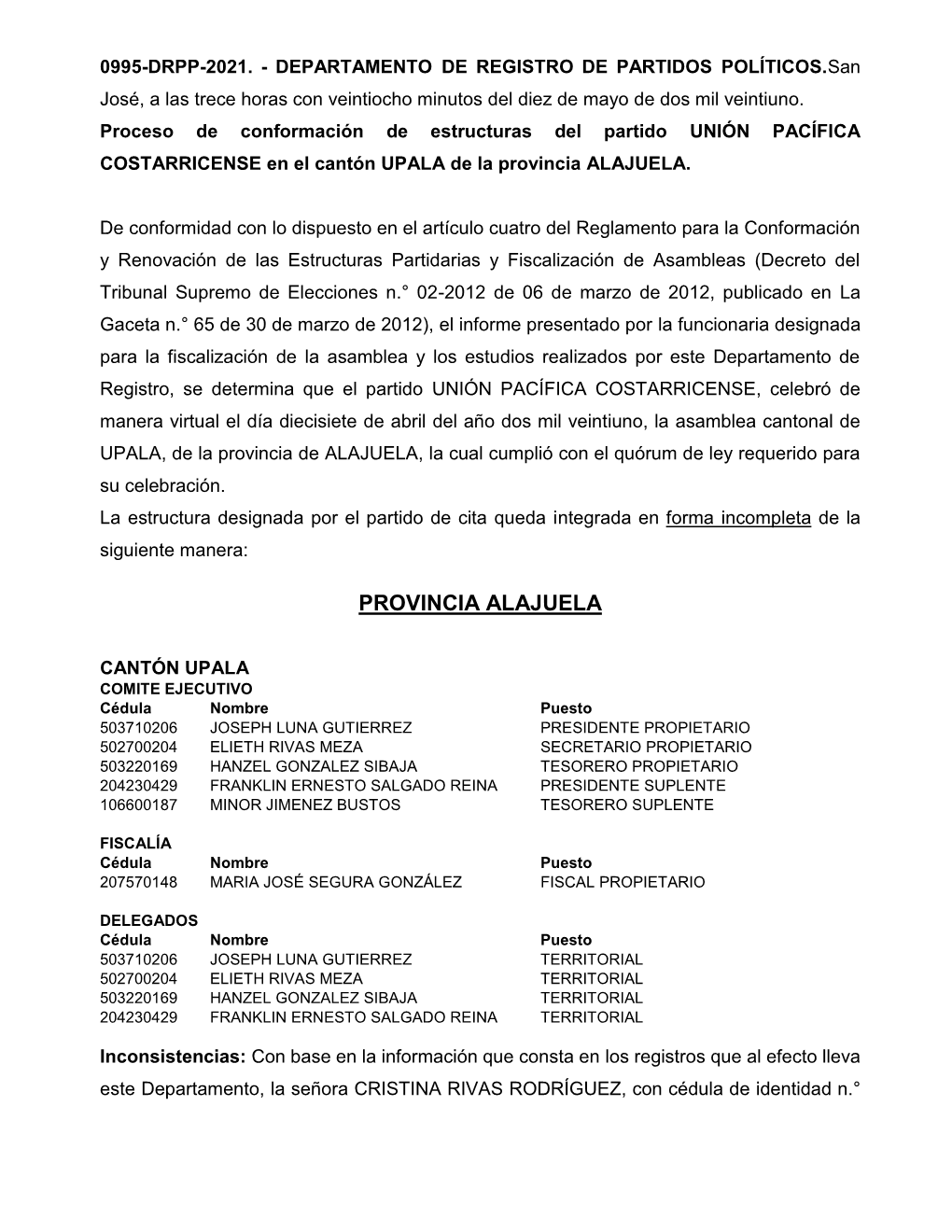 0995-DRPP-2021. - DEPARTAMENTO DE REGISTRO DE PARTIDOS POLÍTICOS.San José, a Las Trece Horas Con Veintiocho Minutos Del Diez De Mayo De Dos Mil Veintiuno