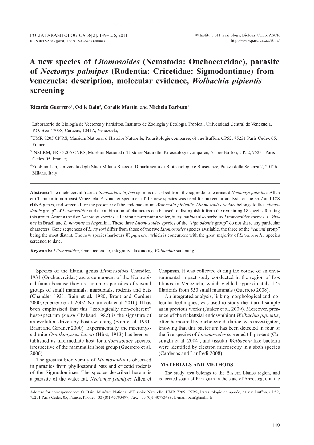 Parasite of Nectomys Palmipes (Rodentia: Cricetidae: Sigmodontinae) from Venezuela: Description, Molecular Evidence, Wolbachia Pipientis Screening