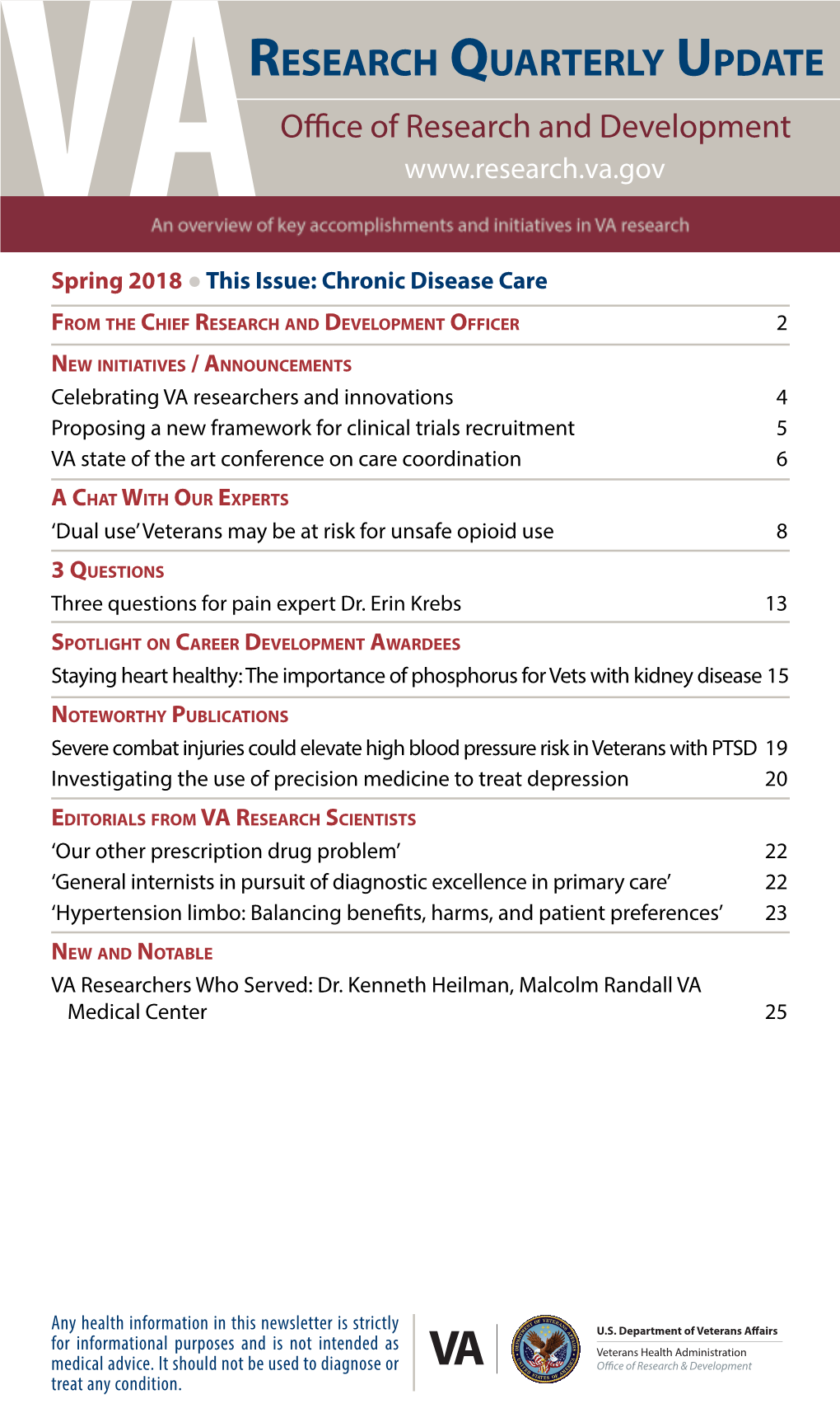 VA RESEARCH QUARTERLY UPDATE, Spring 2018