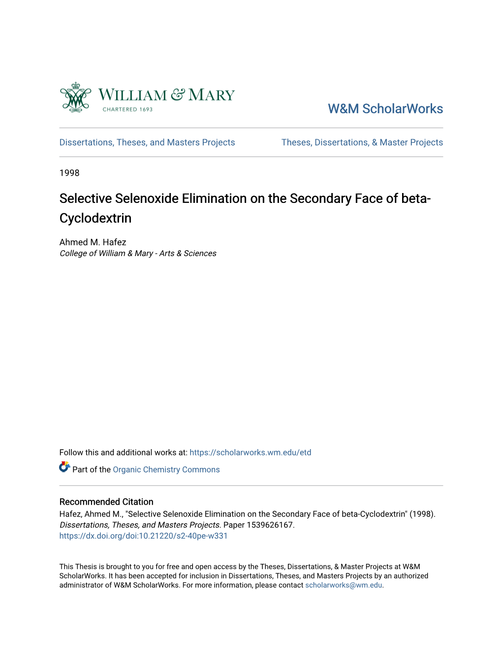 Selective Selenoxide Elimination on the Secondary Face of Beta- Cyclodextrin