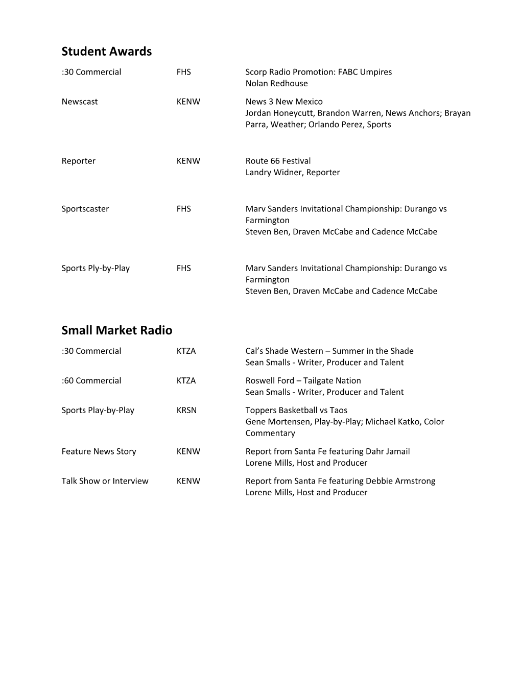 Student Awards Small Market Radio