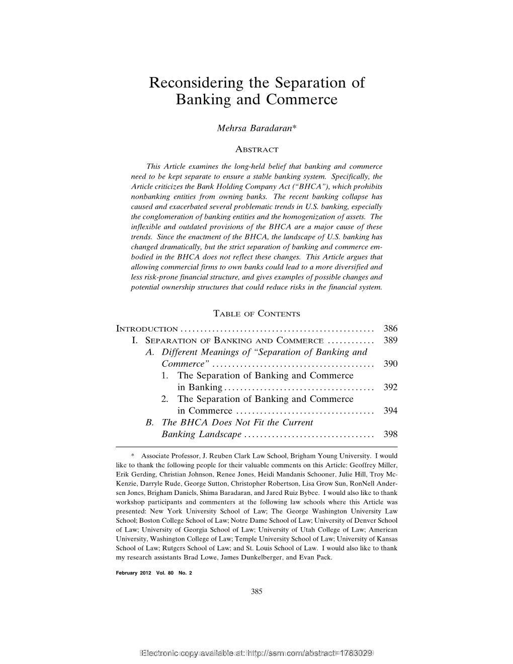 Reconsidering the Separation of Banking and Commerce