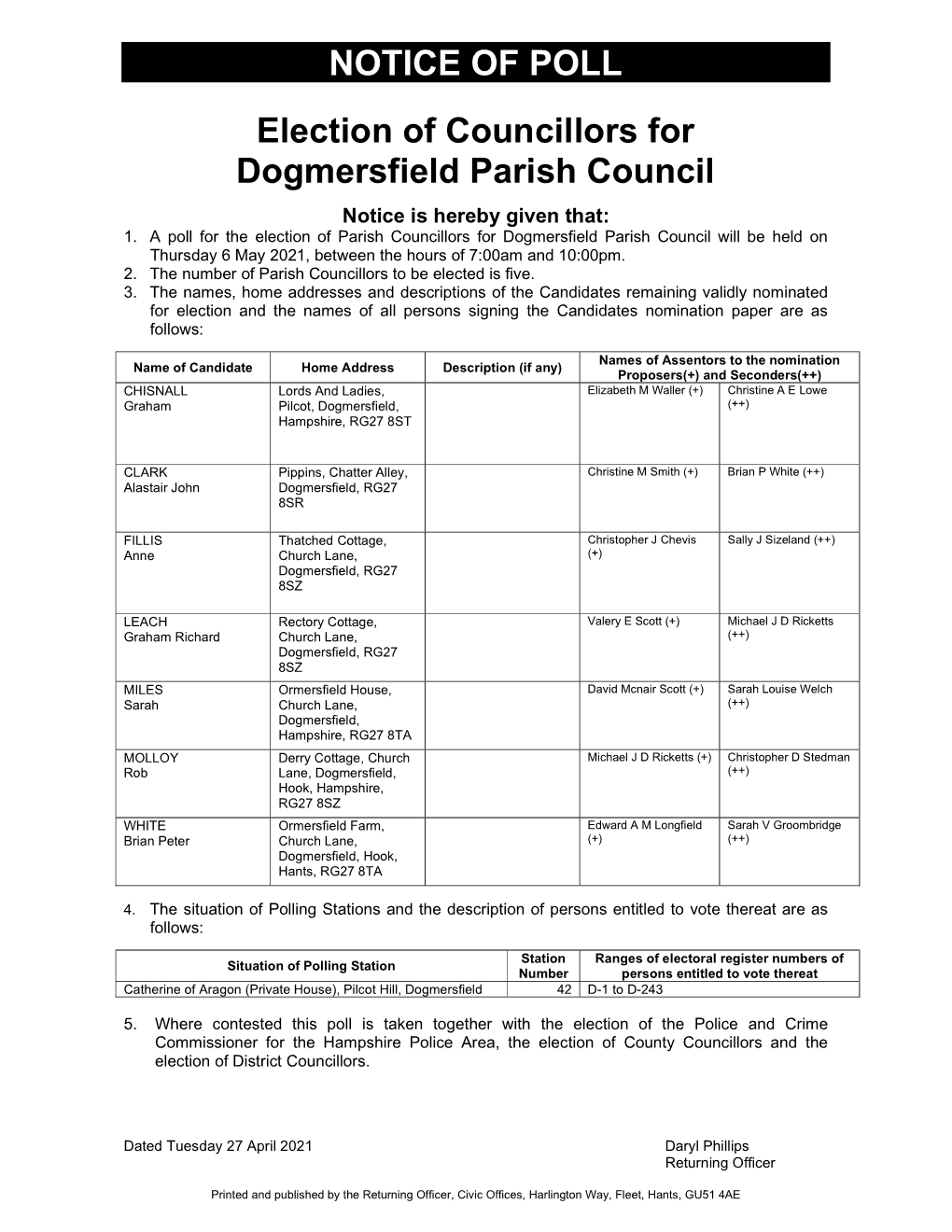 NOTICE of POLL Election of Councillors for Dogmersfield Parish
