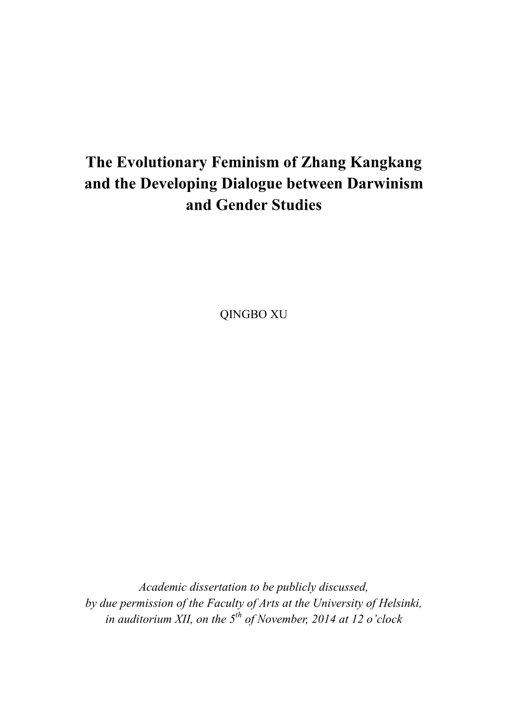 The Evolutionary Feminism of Zhang Kangkang and the Developing Dialogue Between Darwinism and Gender Studies