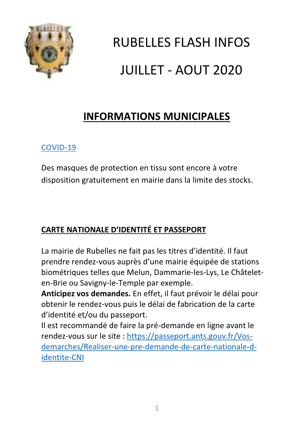 Rubelles Flash Infos Juillet - Aout 2020