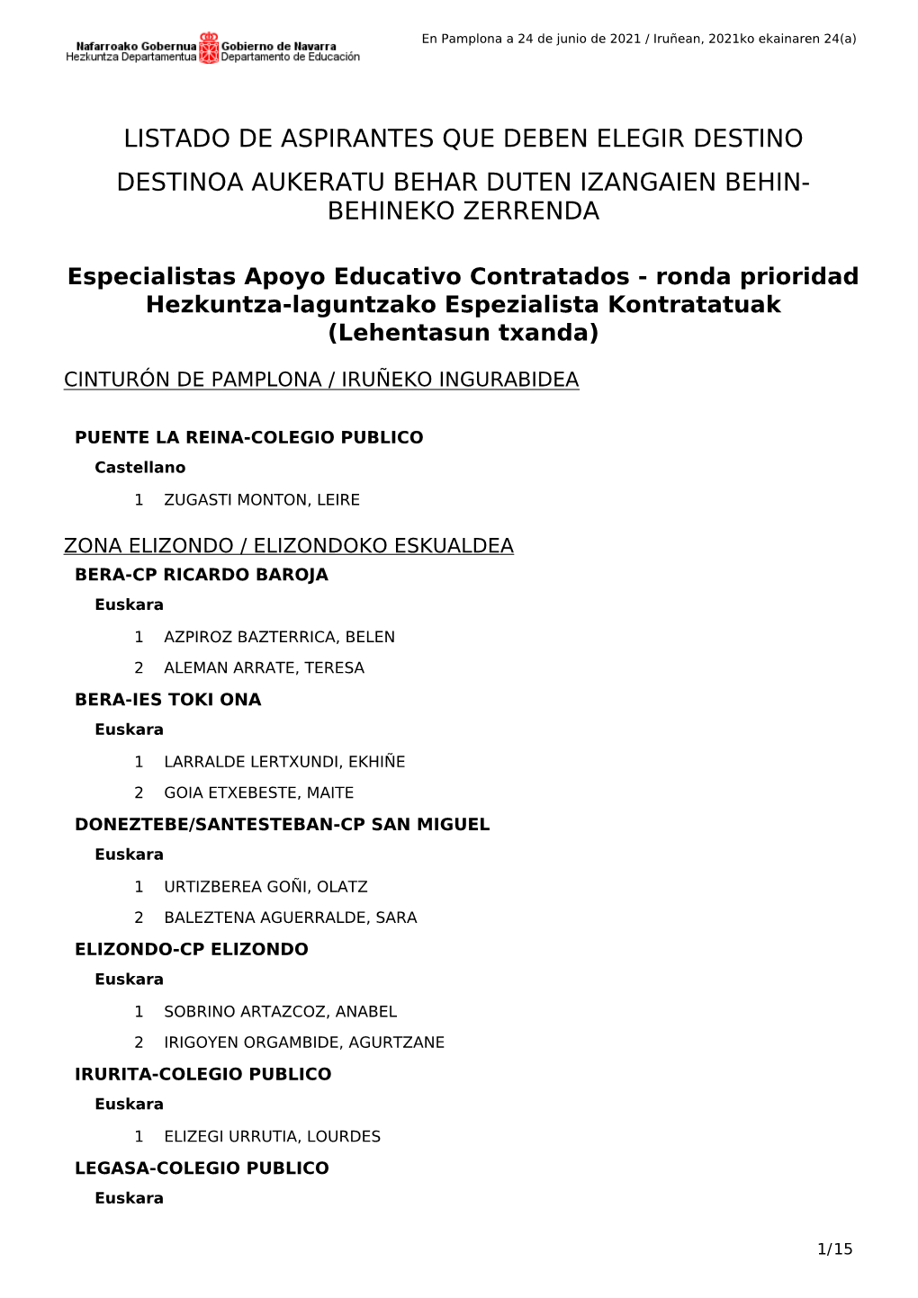 Listado De Aspirantes Que Deben Elegir Destino Destinoa Aukeratu Behar Duten Izangaien Behin- Behineko Zerrenda