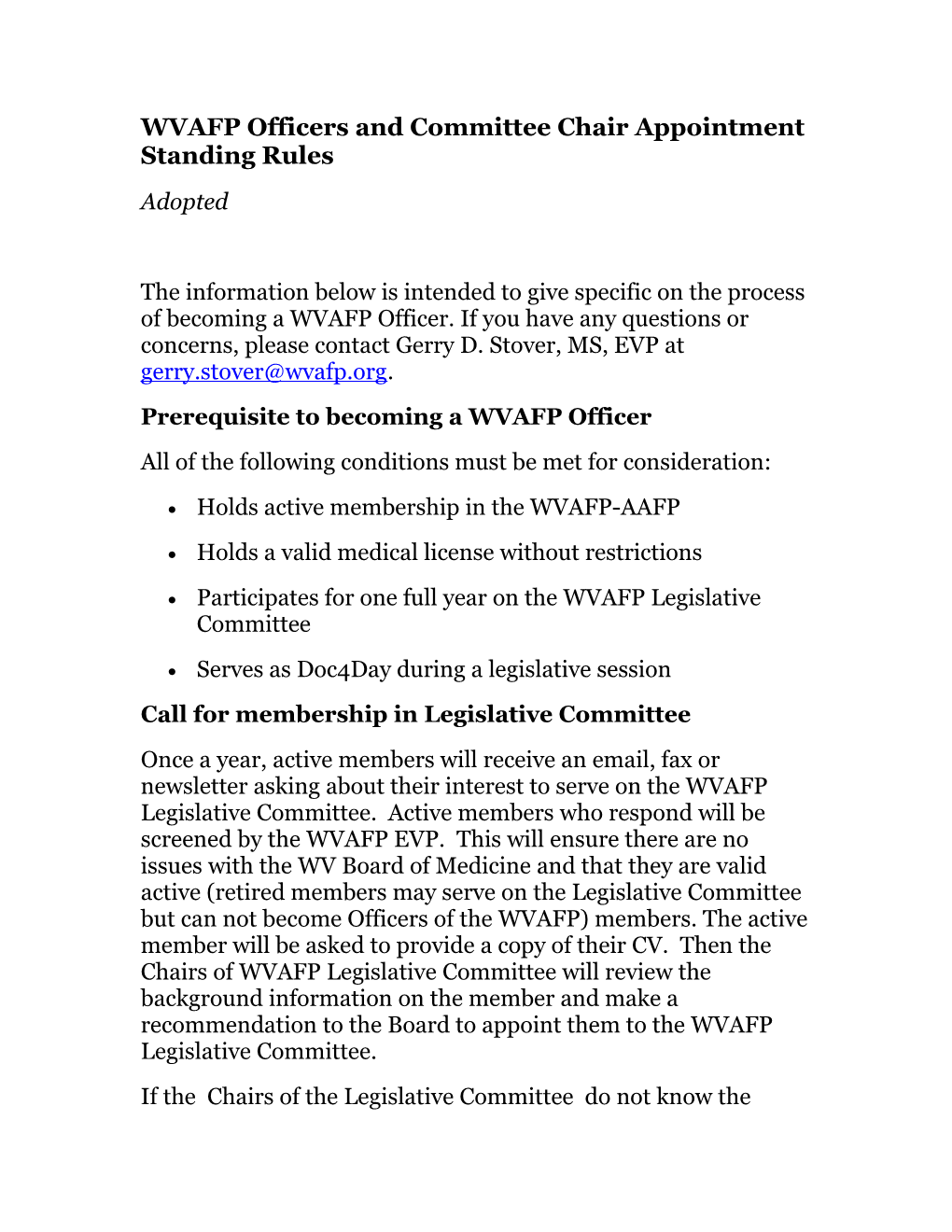 WVAFP Officers and Committee Chair Appointment Standing Rules