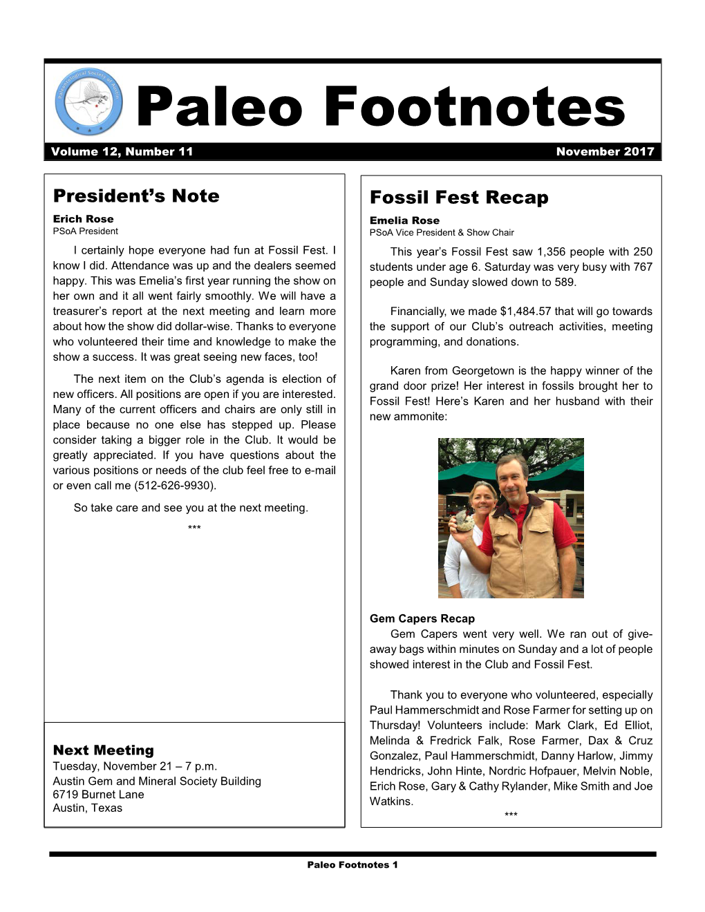 Paleo Footnotes Volume 12, Number 11 November 2017