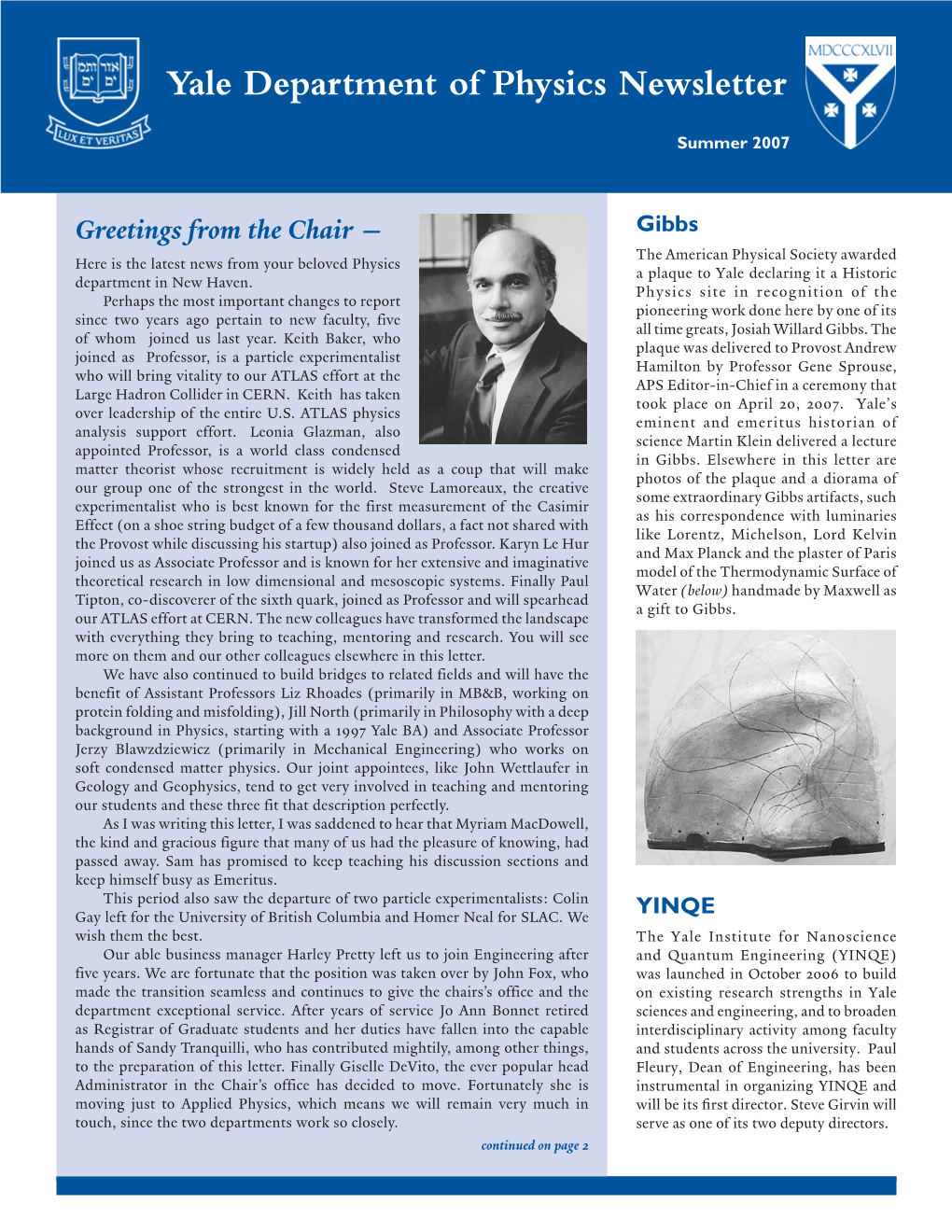 Yale Department of Physics Newsletter