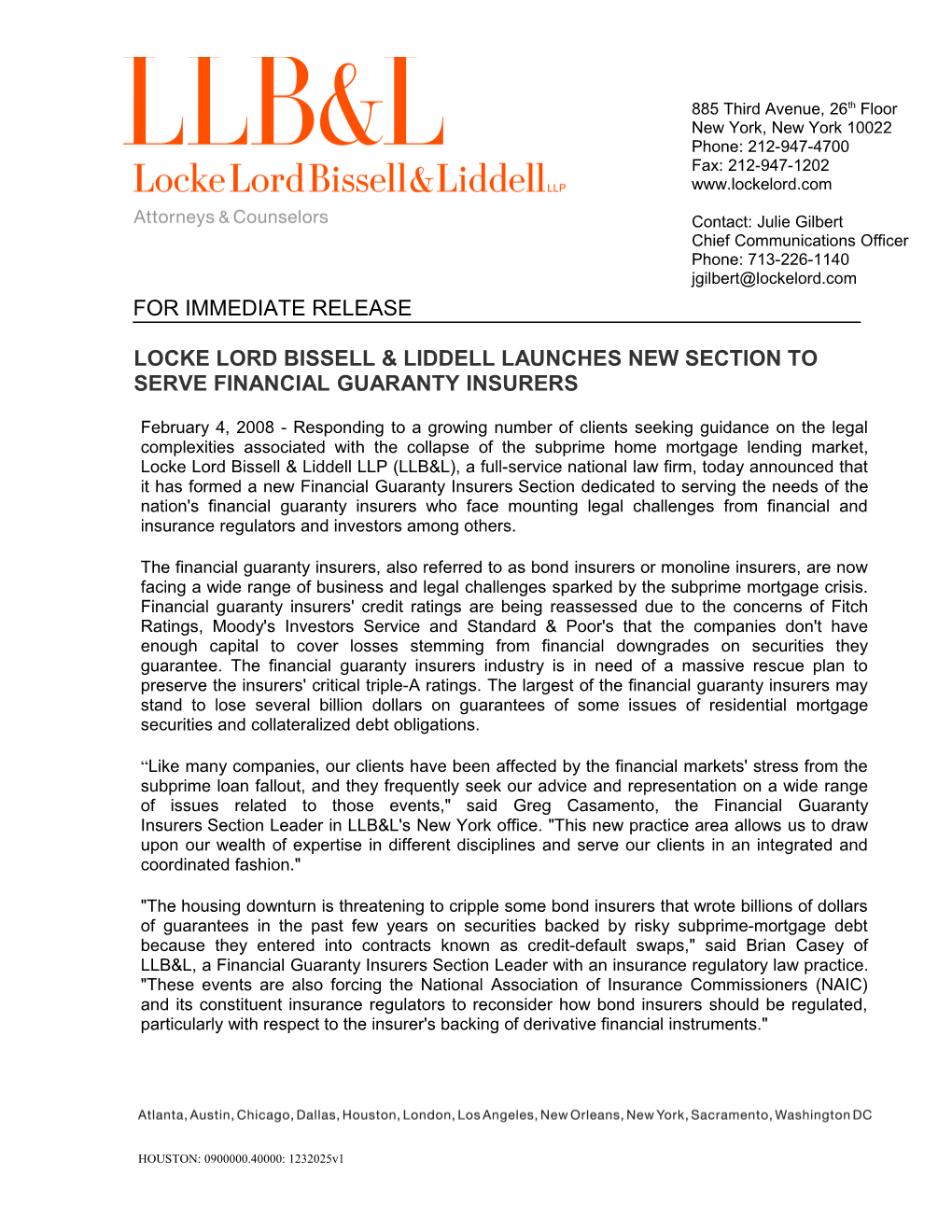 Locke Lord Bissell & Liddell Launches New Section to Serve Financial Guaranty Insurers