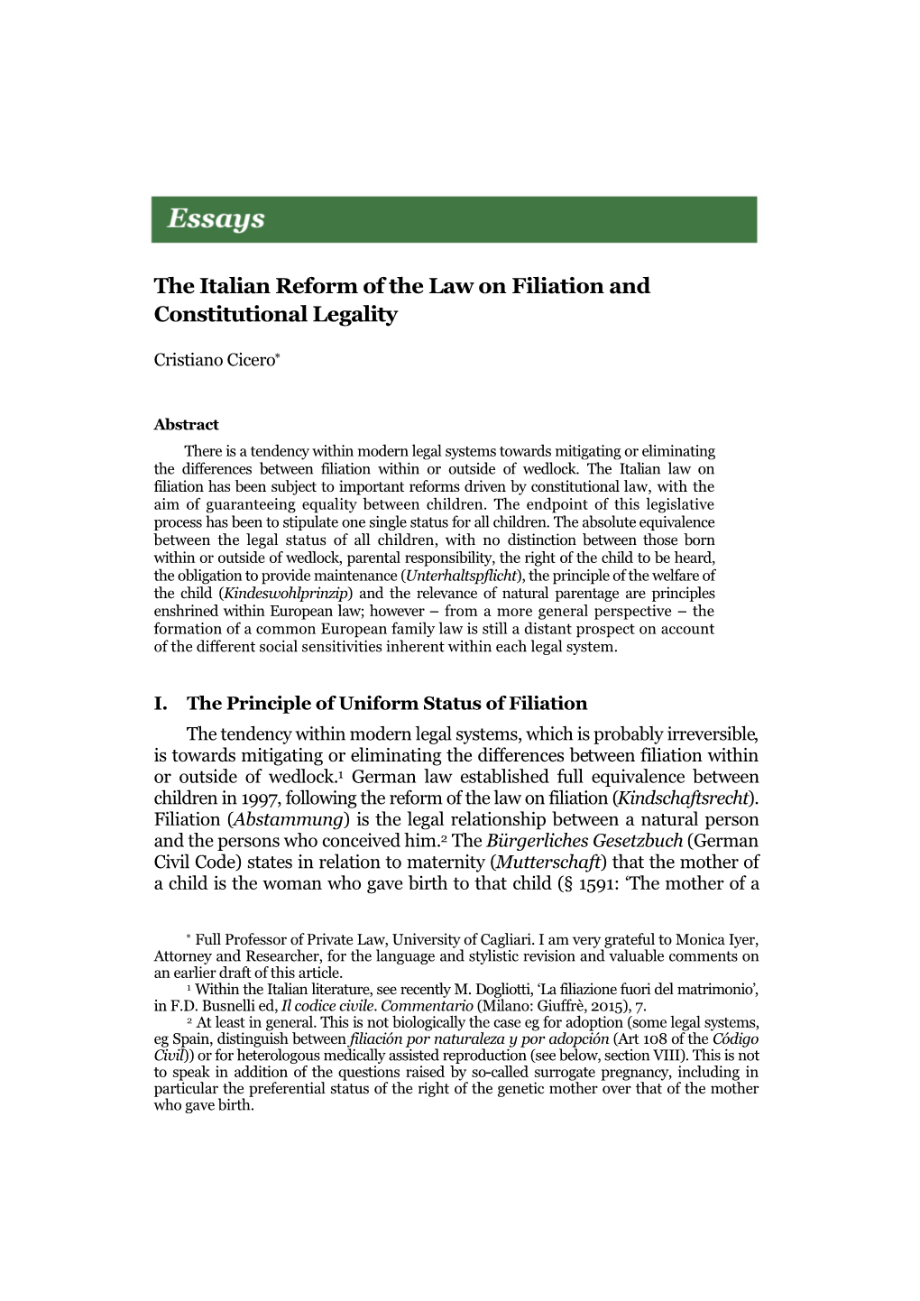 The Italian Reform of the Law on Filiation and Constitutional Legality