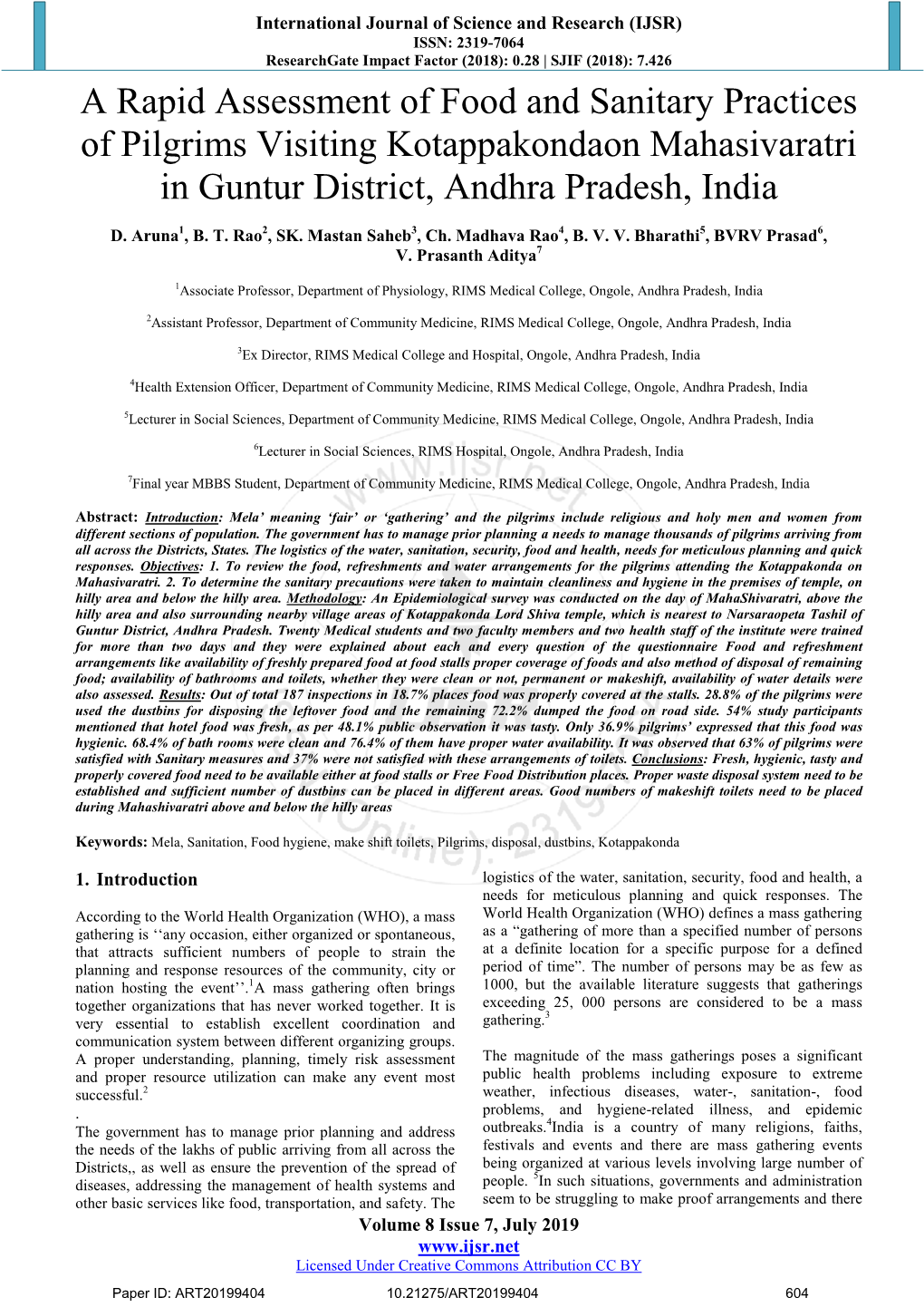 A Rapid Assessment of Food and Sanitary Practices of Pilgrims Visiting Kotappakondaon Mahasivaratri in Guntur District, Andhra Pradesh, India