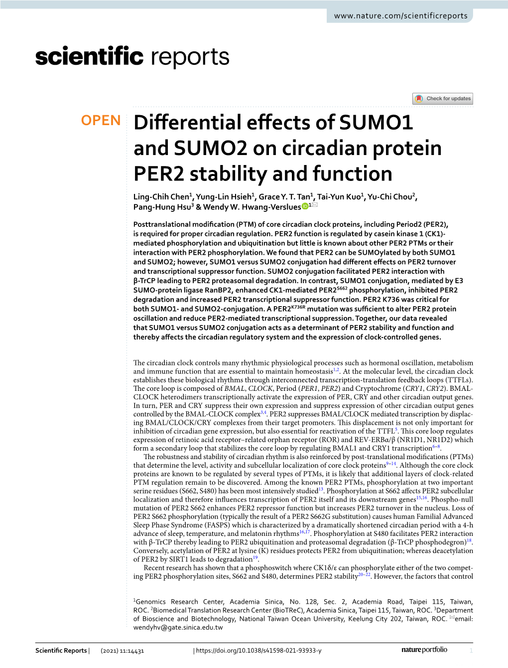 Differential Effects of SUMO1 and SUMO2 on Circadian Protein PER2