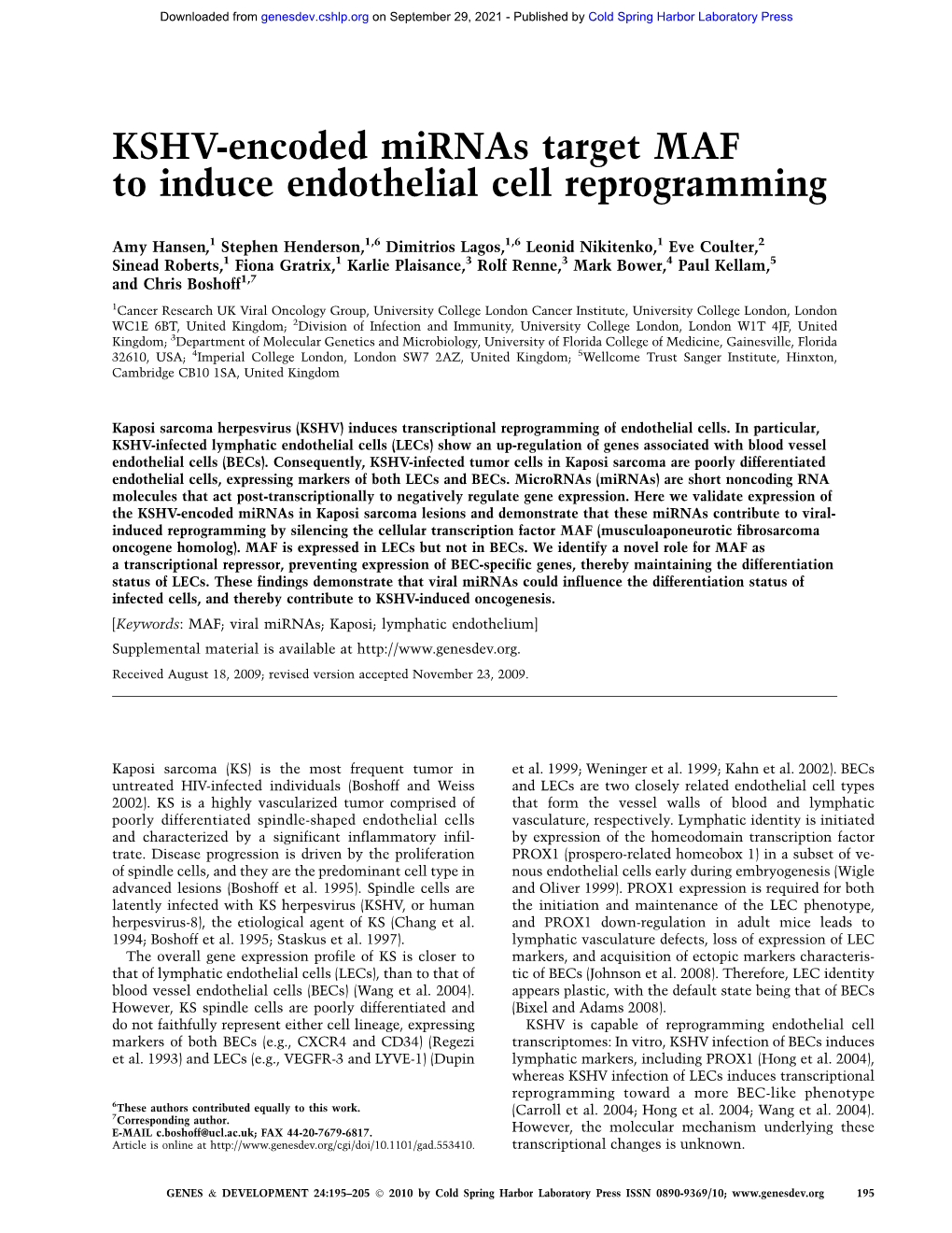 KSHV-Encoded Mirnas Target MAF to Induce Endothelial Cell Reprogramming