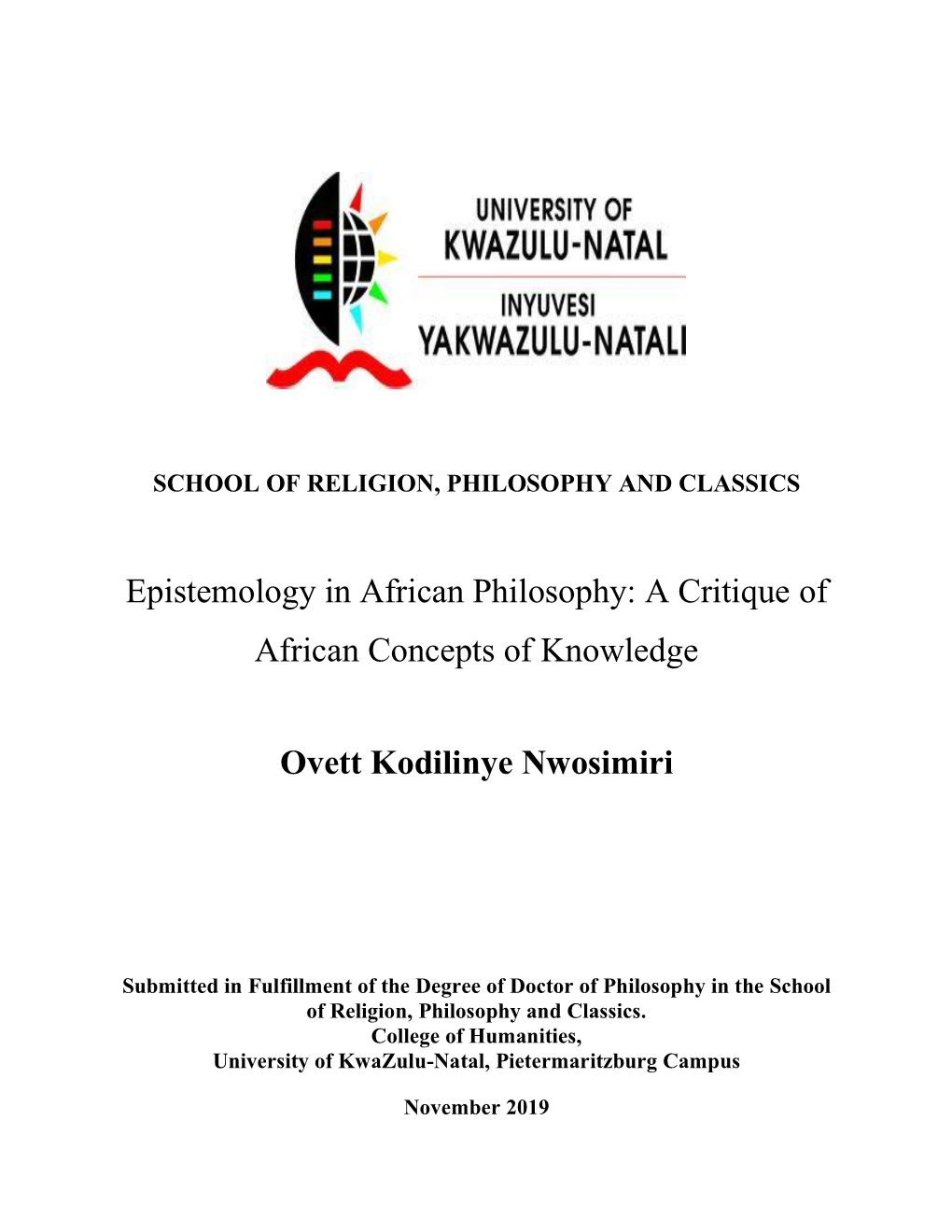 A Critique of African Concepts of Knowledge Ovett Kodilinye Nwosimiri