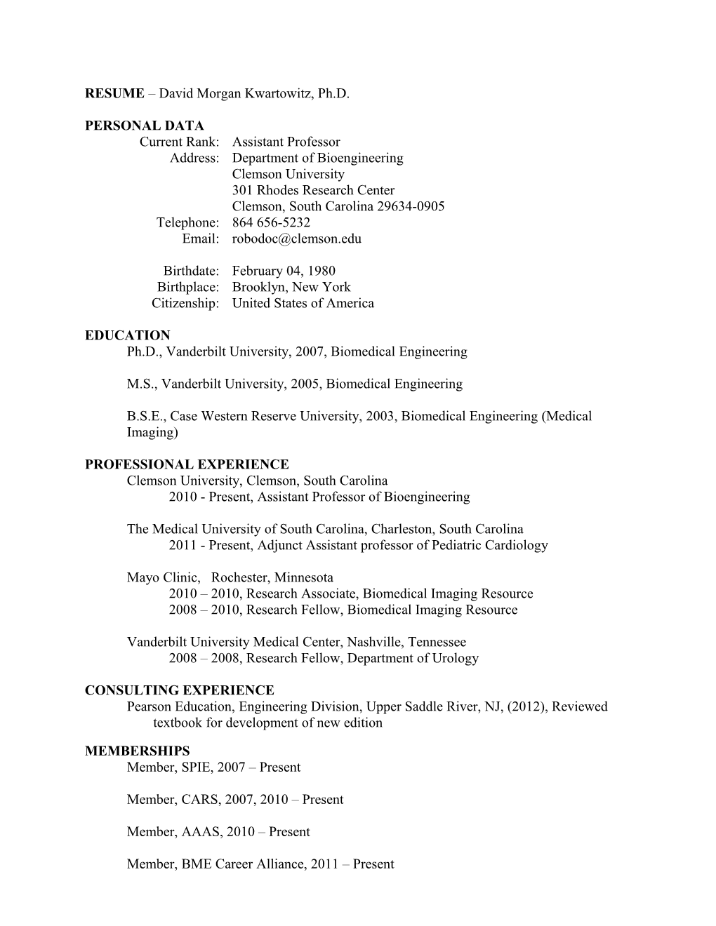 RESUME David Morgan Kwartowitz, Ph.D