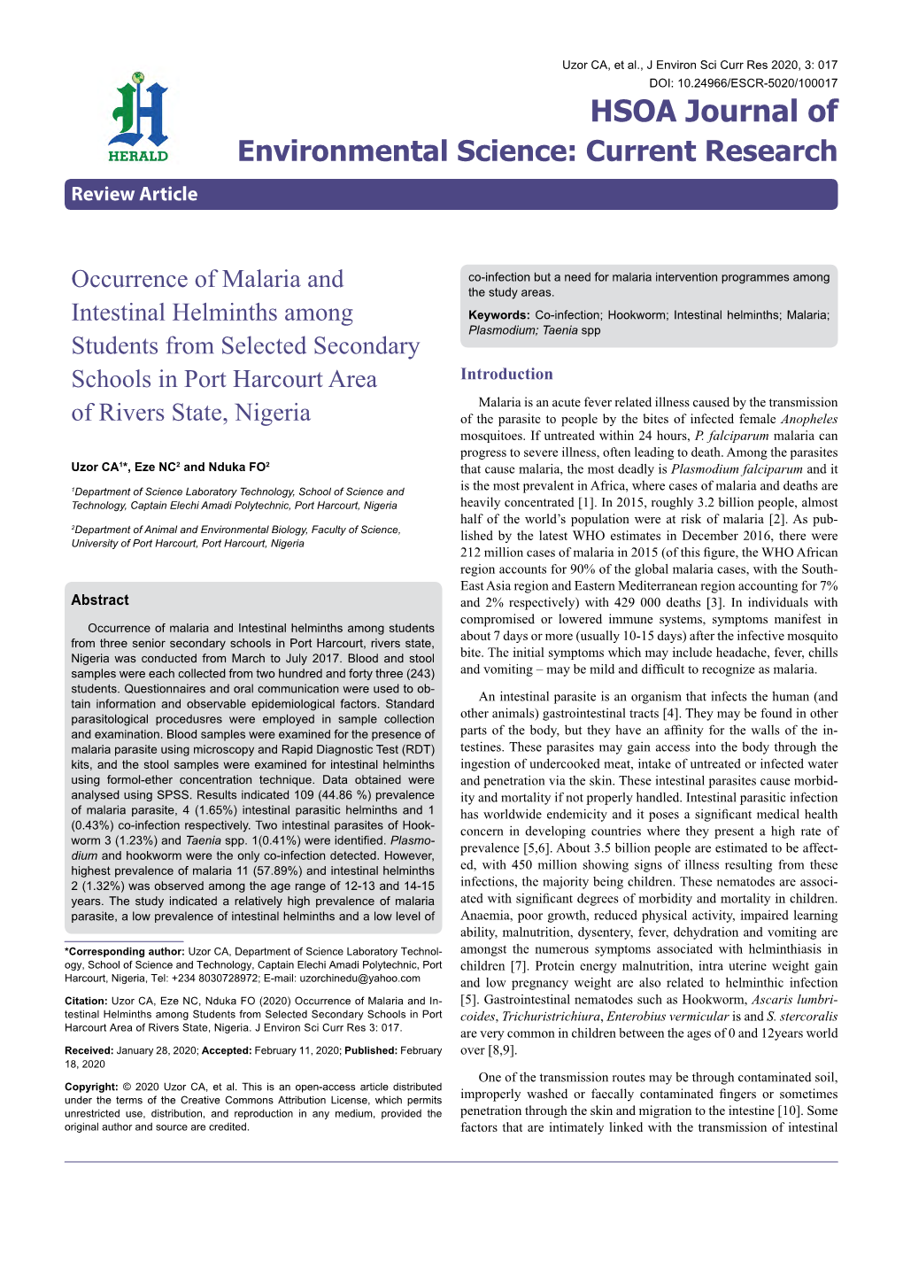 Occurrence of Malaria and Intestinal Helminths Among Students from Selected Secondary Schools in Port Harcourt Area of Rivers St