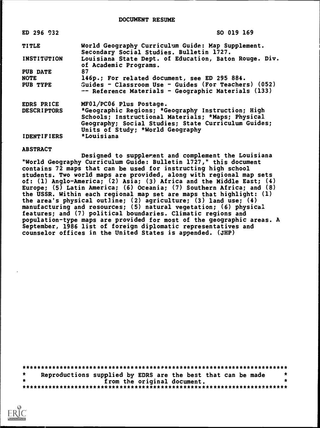 DOCUMENT RESUME World Geography Curriculum Guide: Map