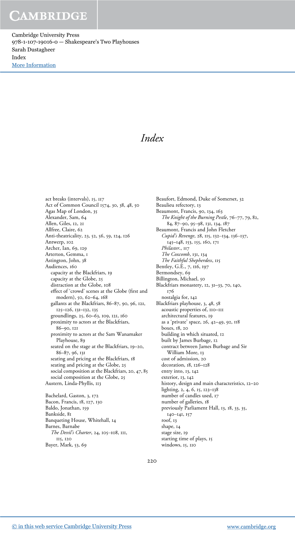 Cambridge University Press 978-1-107-19016-0 — Shakespeare's Two Playhouses Sarah Dustagheer Index More Information