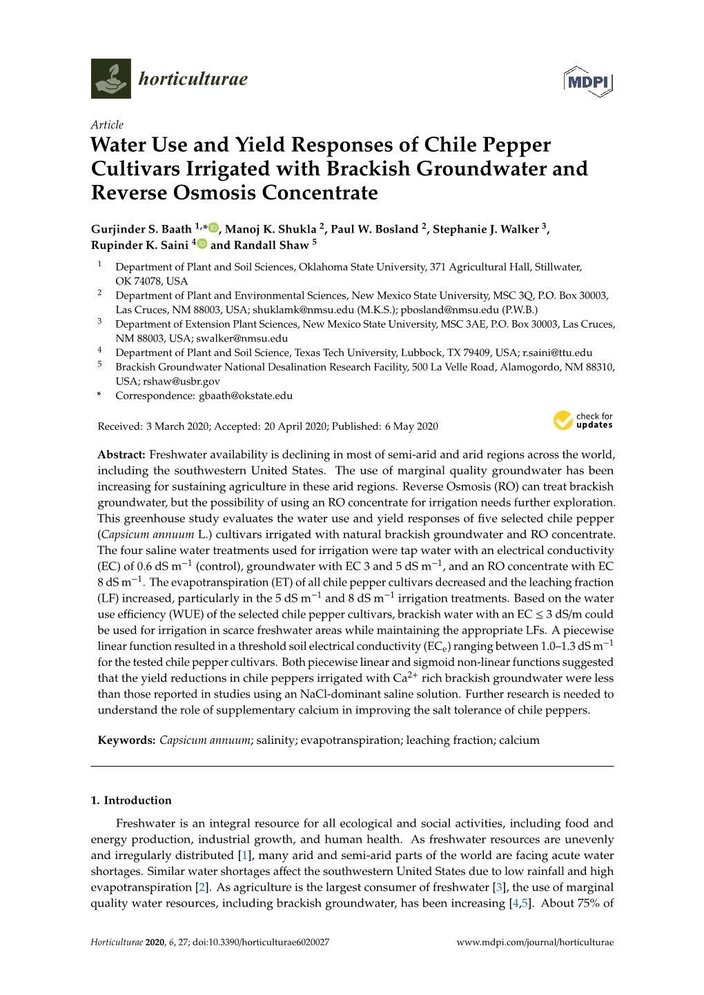 Water Use and Yield Responses of Chile Pepper Cultivars Irrigated with Brackish Groundwater and Reverse Osmosis Concentrate