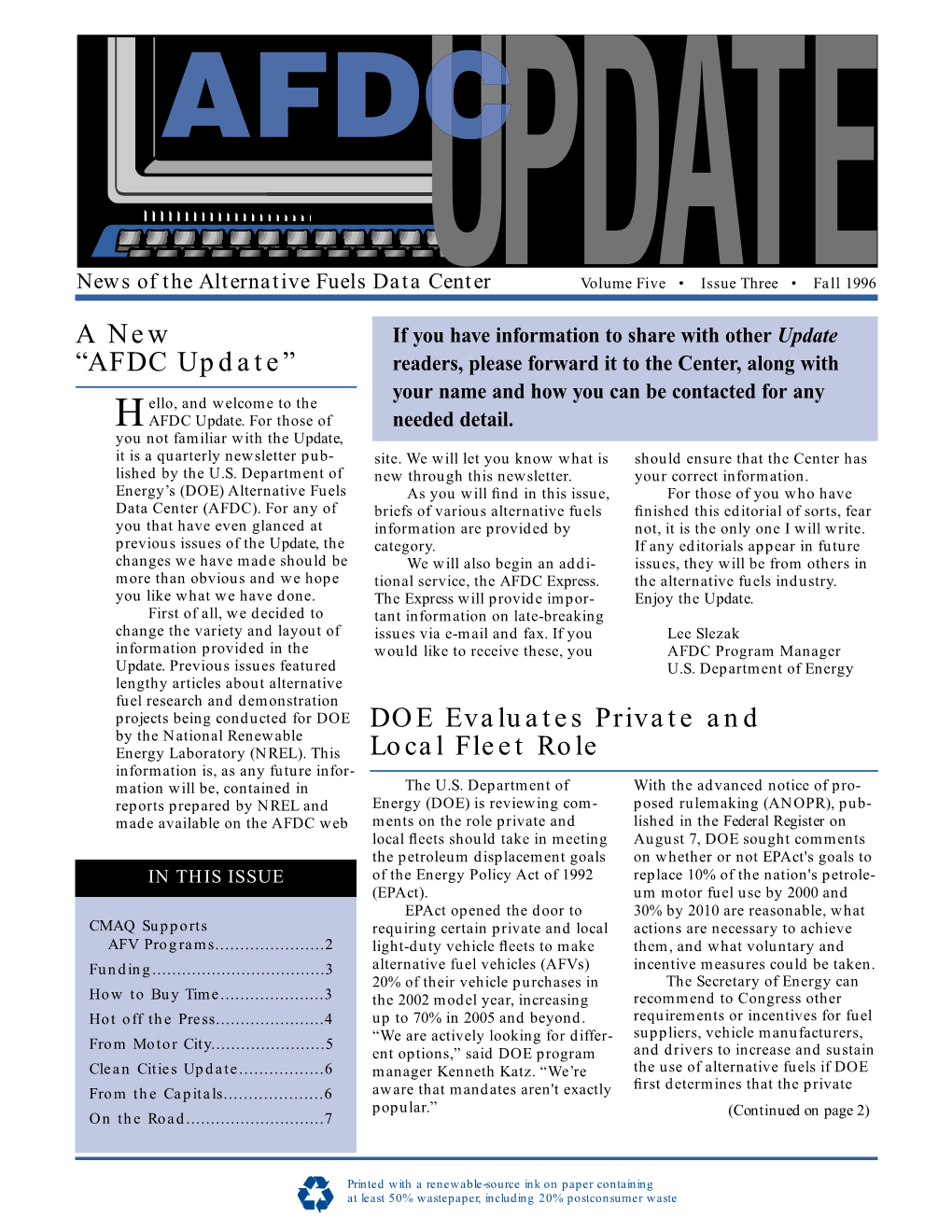 DOE Evaluates Private and Local Fleet Role a New “AFDC Update”